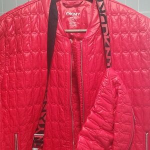 DKNY red hot quilted packable jacket with matching fanny pack.